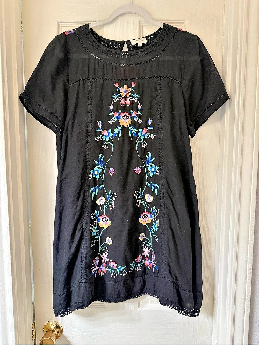 Umgee Bohemian Embroidered Short Sleeve Dress or Tunic Mini Dress Black & Pink